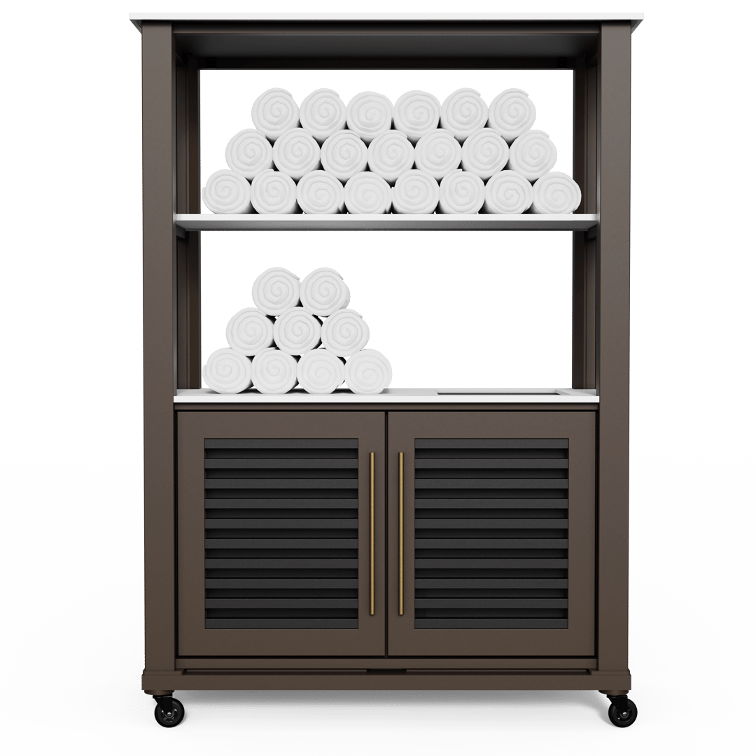 CSI_TowelRack_BlackSlats_AntarticaCorian_BrassHandles_MansardBrown_Front