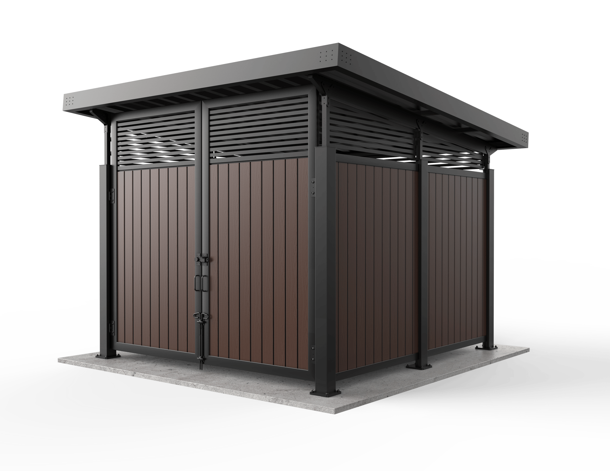 Covrit_Model-1111_SingleEnclosure+Madison_SequoiaPlanks+5DegreeSlopeRoof+PlanarHorizSlatsDoors