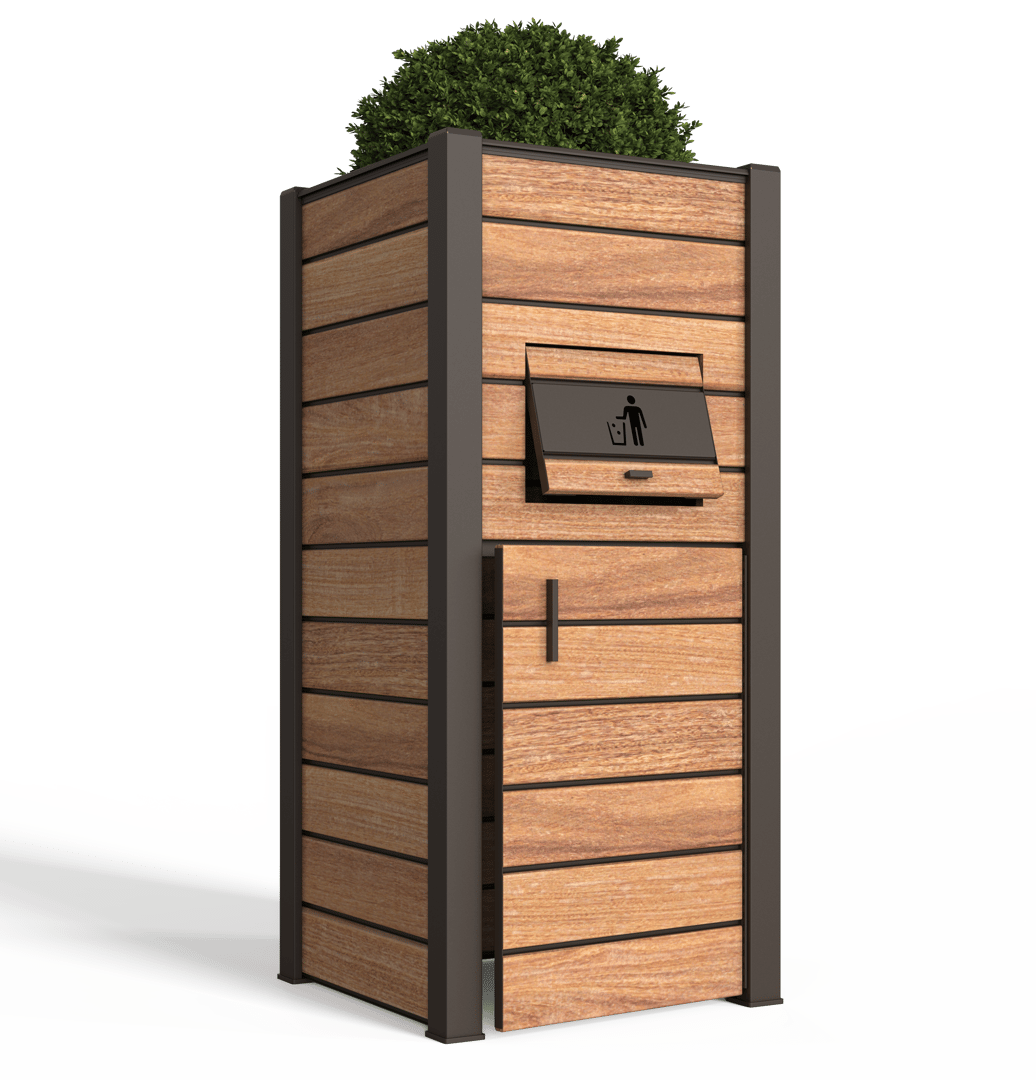 Sanctum_Trash_Receptacle_Cumaru_MansardBrown_Plant_BothDoorsAjar2