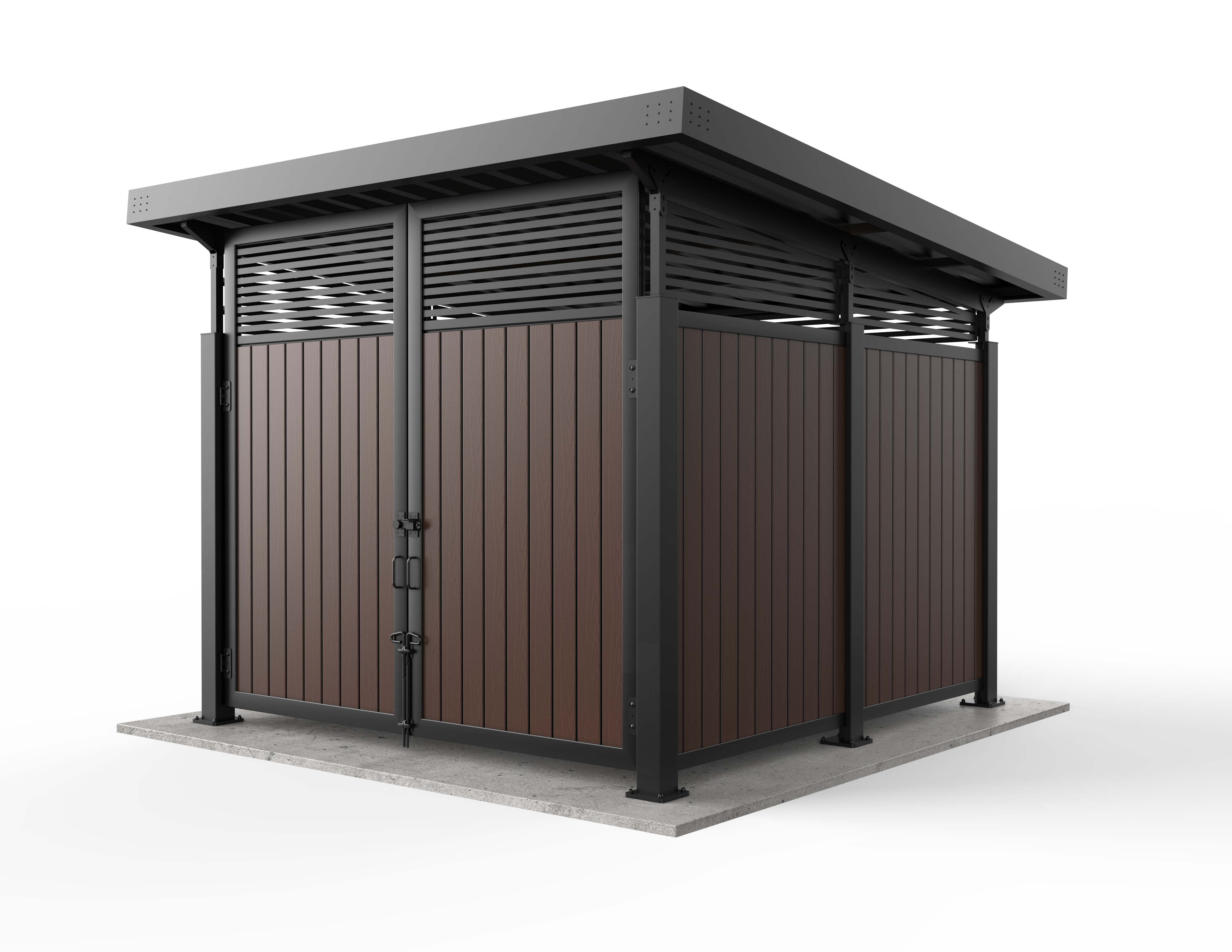 Covrit_Model-1111_SingleEnclosure+Madison_SequoiaPlanks+5DegreeSlopeRoof+PlanarHorizSlatsDoors